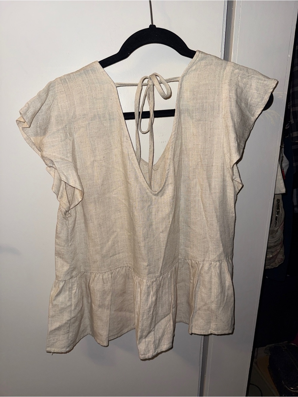 Dex Cream Tie-Back Peplum Ruffle Sleeve Top